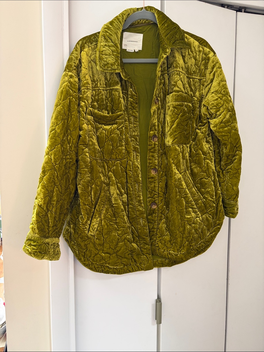 Anthropologie Olive-Green Quilted Velvet Jacket.